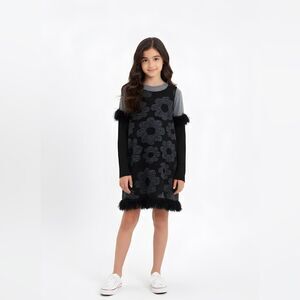 Loredana Prima gray and Black 2 piece sweater dress with fur accent wool blend